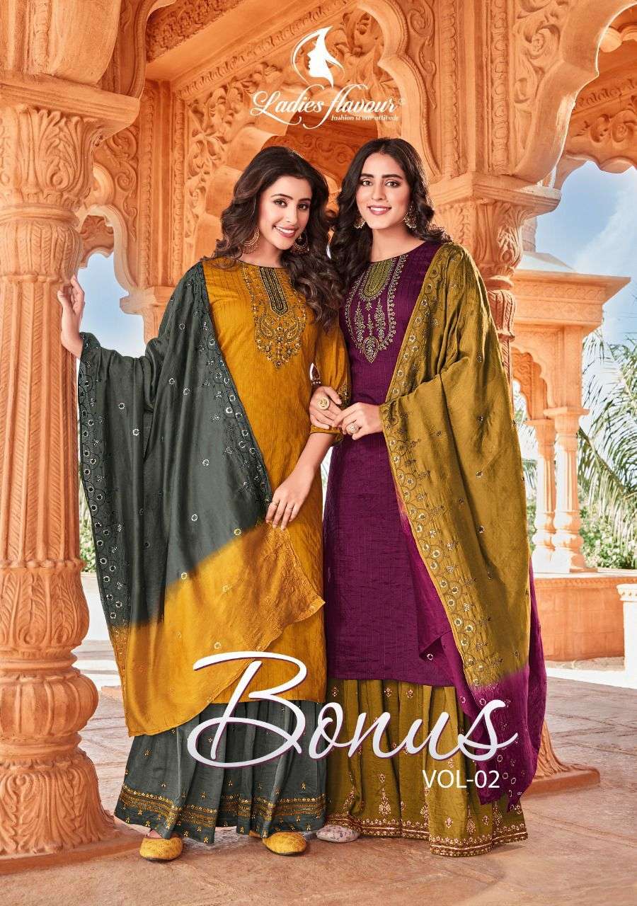 ladies flavour bonus vol 2 exclusive readymade kurti with sharara & dupatta set