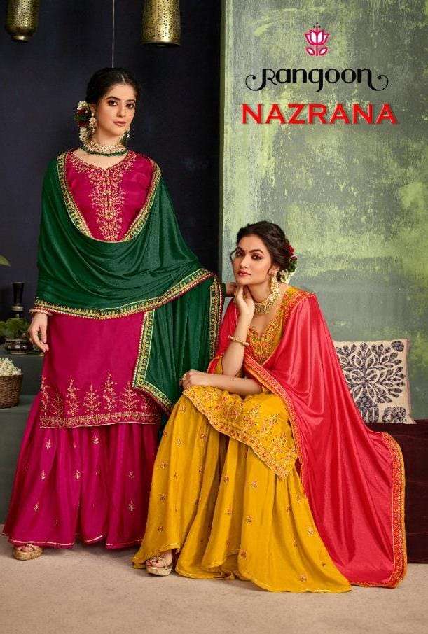 nazrana by rangoon upada silk readymade sharara with top & dupatta