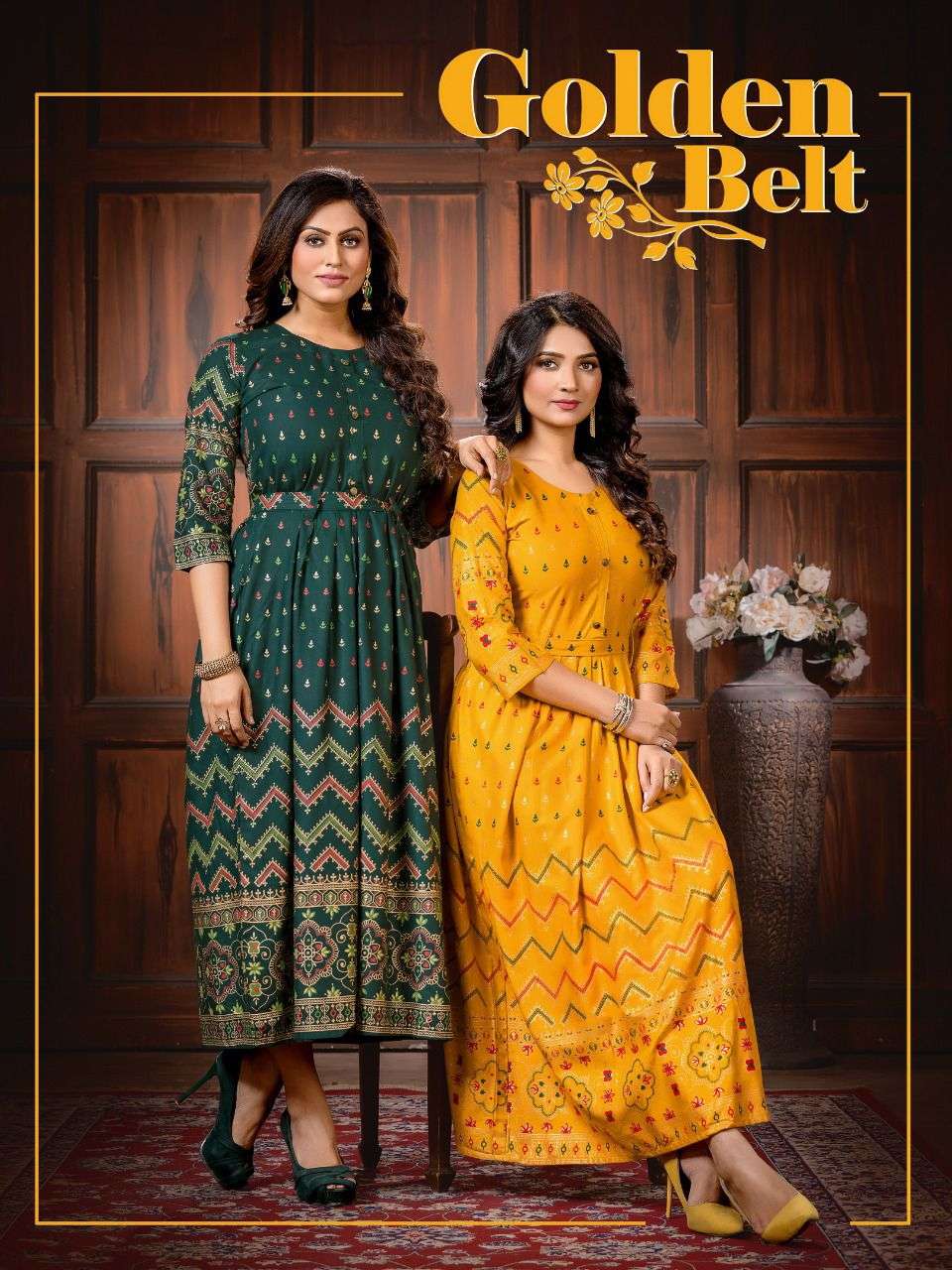 NEW GOLDEN BELT VOL.1 Heavy Reyon plain 14kg  with Gold Foil Print Flair Gown KURTI CATALOG WHOLESALER BEST RATE