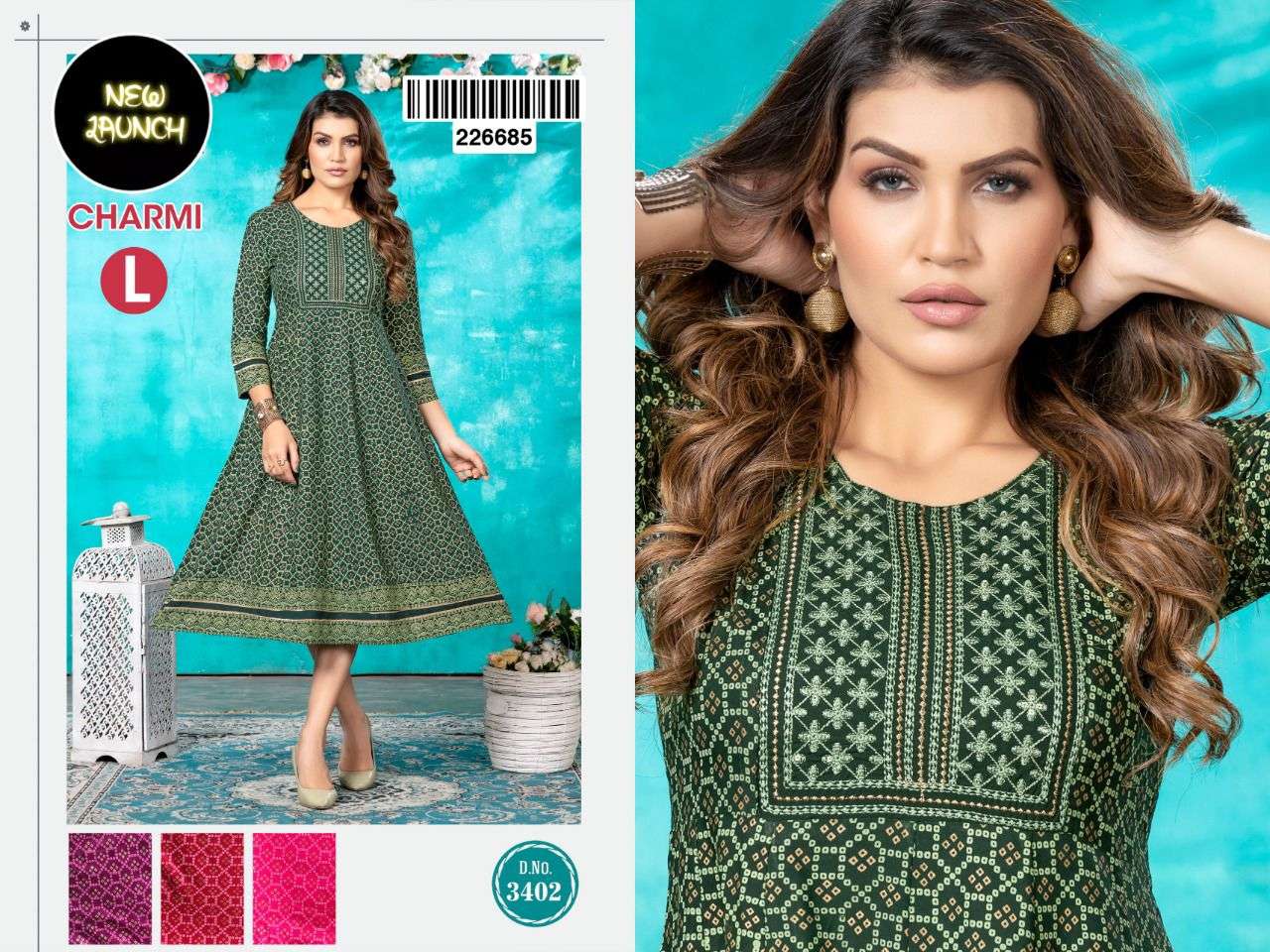 NEW RIYAA CHARMI 3402 HEAVY  RAYON PRINT WITH  EMBROIDERY KURTI CATALOG WHOLESWALER BEST RATE