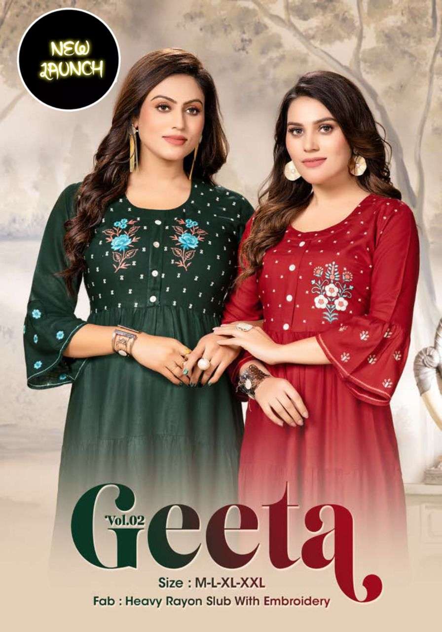 NEW RIYAA GEETA VOL-2 HEAVY RAYON SLUB WITH  EMBROIDERY KURTI CATALOG WHOLESALER BEST RATE