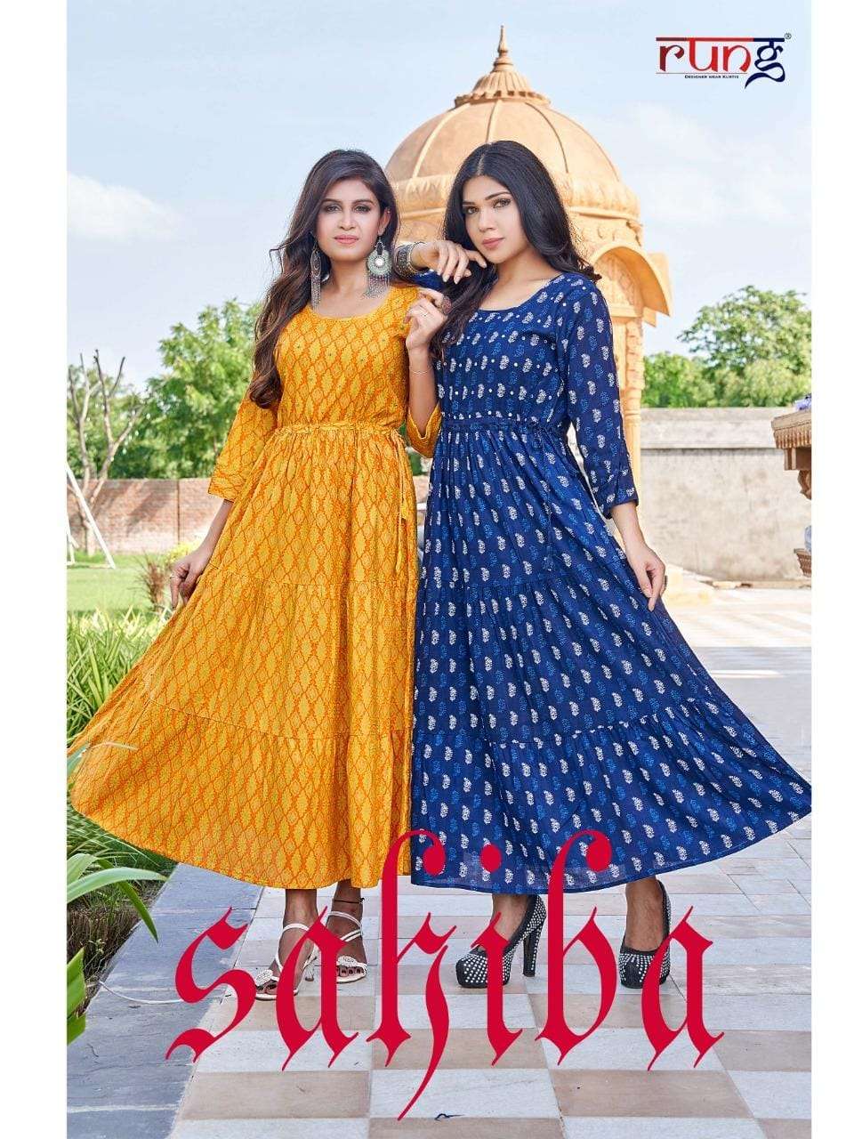 rung presenting sahiba printed rayon with handwork fancy gowns