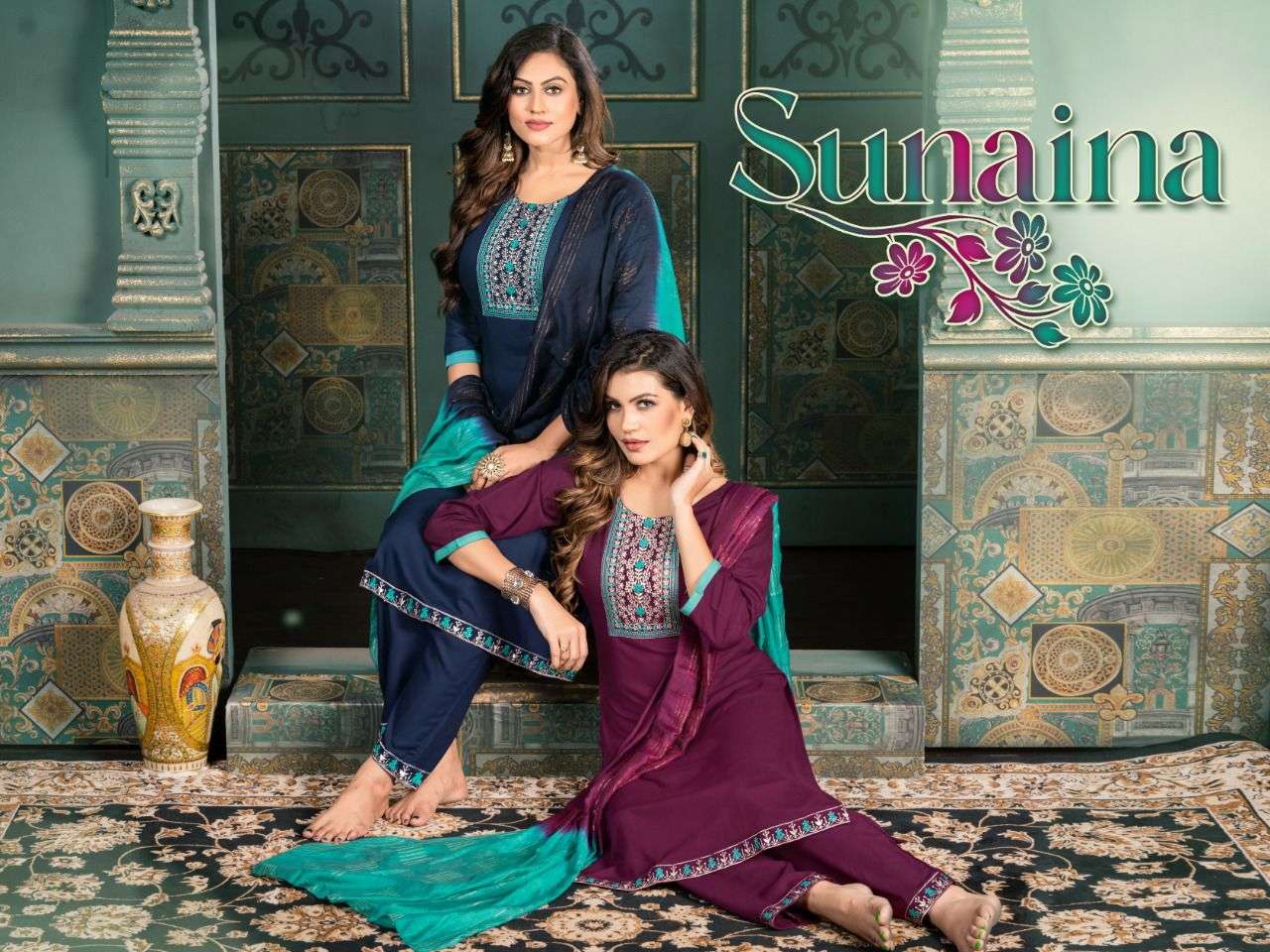 SUNAINA RAYON 14KG EMBROIDERY TOP PENT FANCY DUPATTA READYMADE SUIT CATALOG WHOLESALER BEST RATE