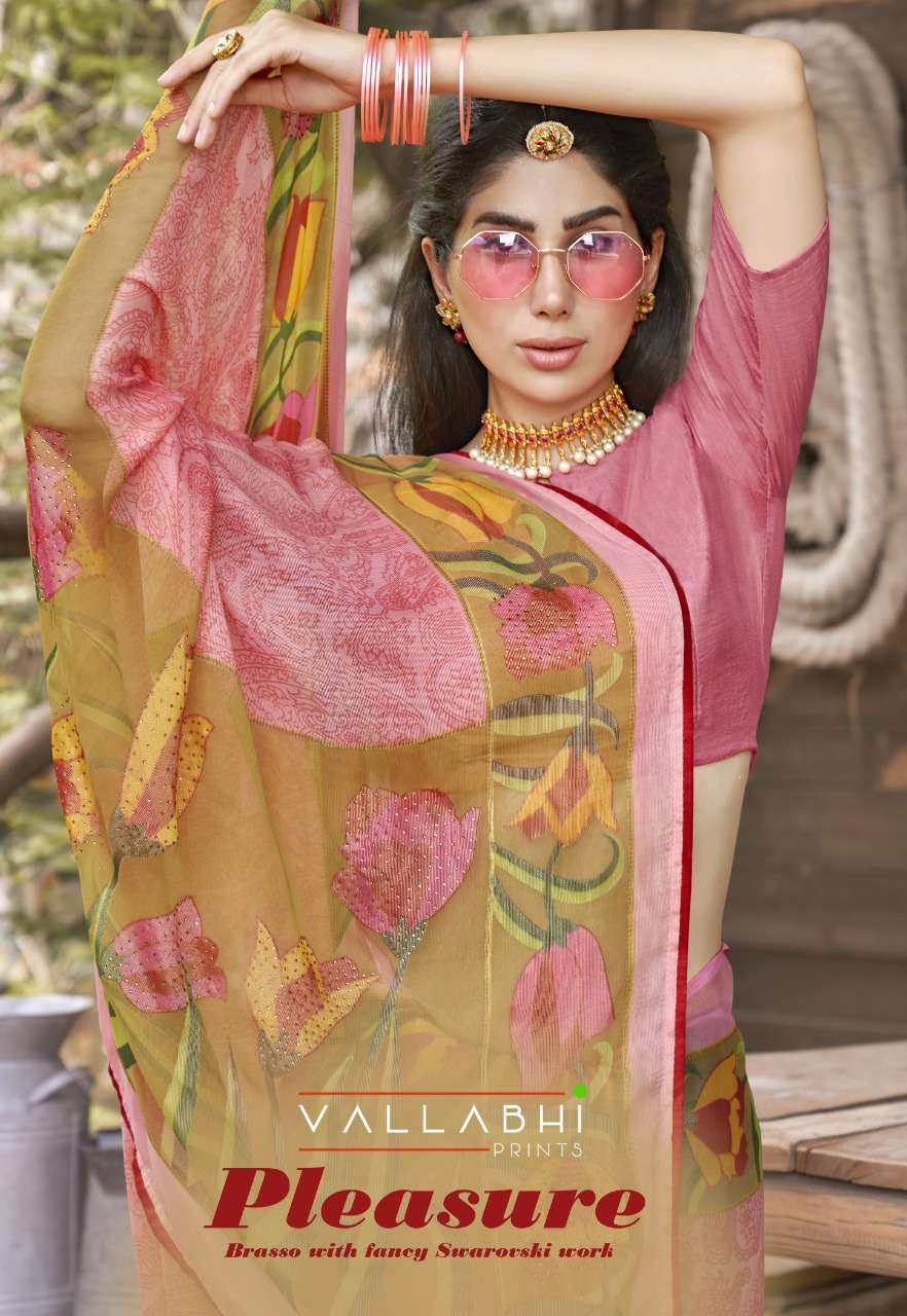 vallabhi present pleasure brasso printed fancy work sarees