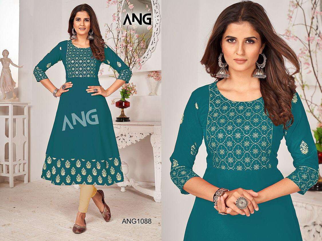 ang 1088 malai crap with gold print kurti catalog 