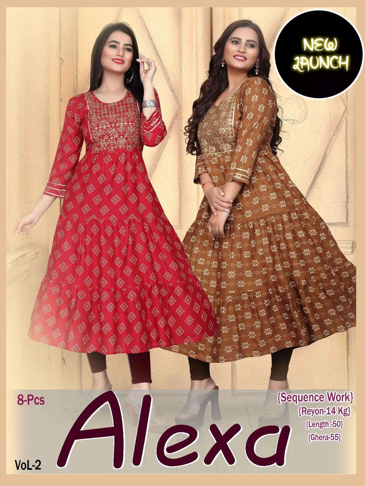 Beauty Alexa Vol 2 Rayon 14 Kg Heavy Sequence Work Gown Kurti Length 50 and Ghera 60 with Lace Pattern KURTI CATALOG WHOLESALER BEST RATE