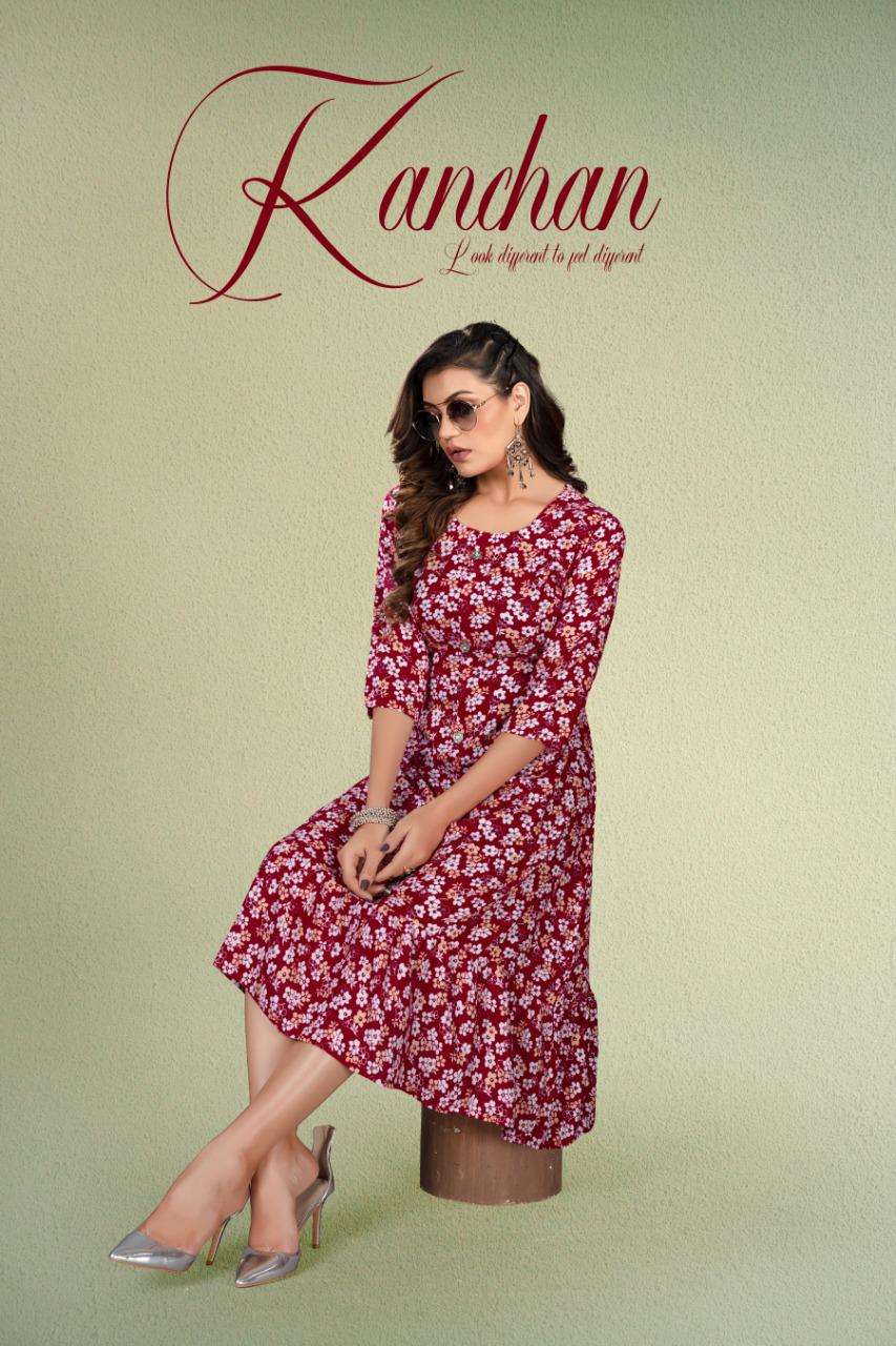 BEAUTY KANCHAN VOL.1 HEAVY WRINKLE RAYON PRINT FROCK STYLE KURTI CATALOG WHOLESALER BEST RATE