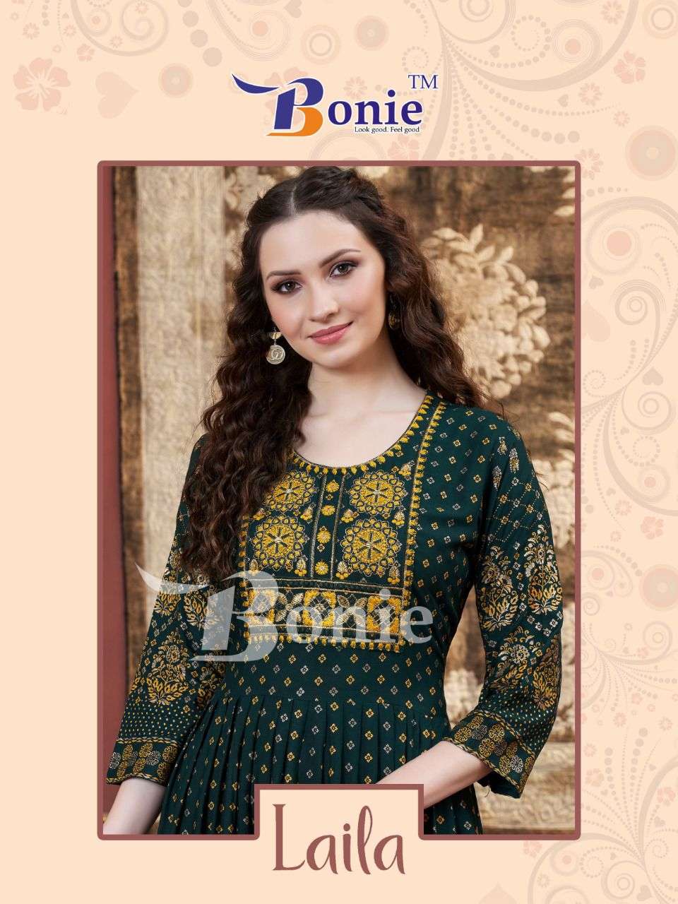 BONIE LAILA RAYON 14KG Printed With Embroidery work LONG FLAIR KURTI CATALOG WHOLESALER BEST RATE