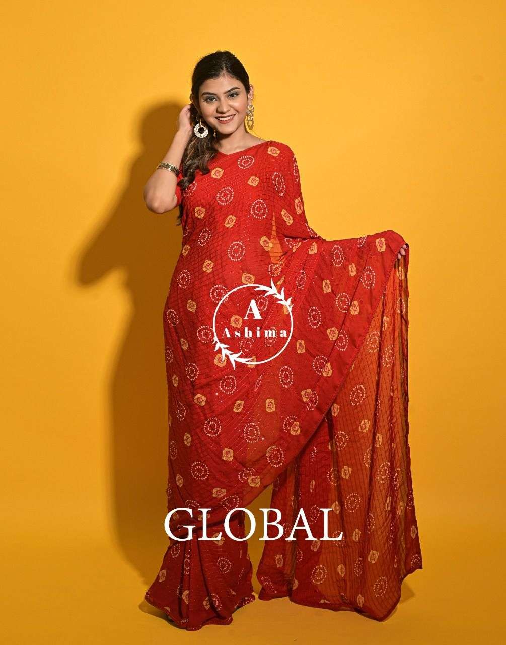 global by ashima moss bandhani style red colour special sarees
