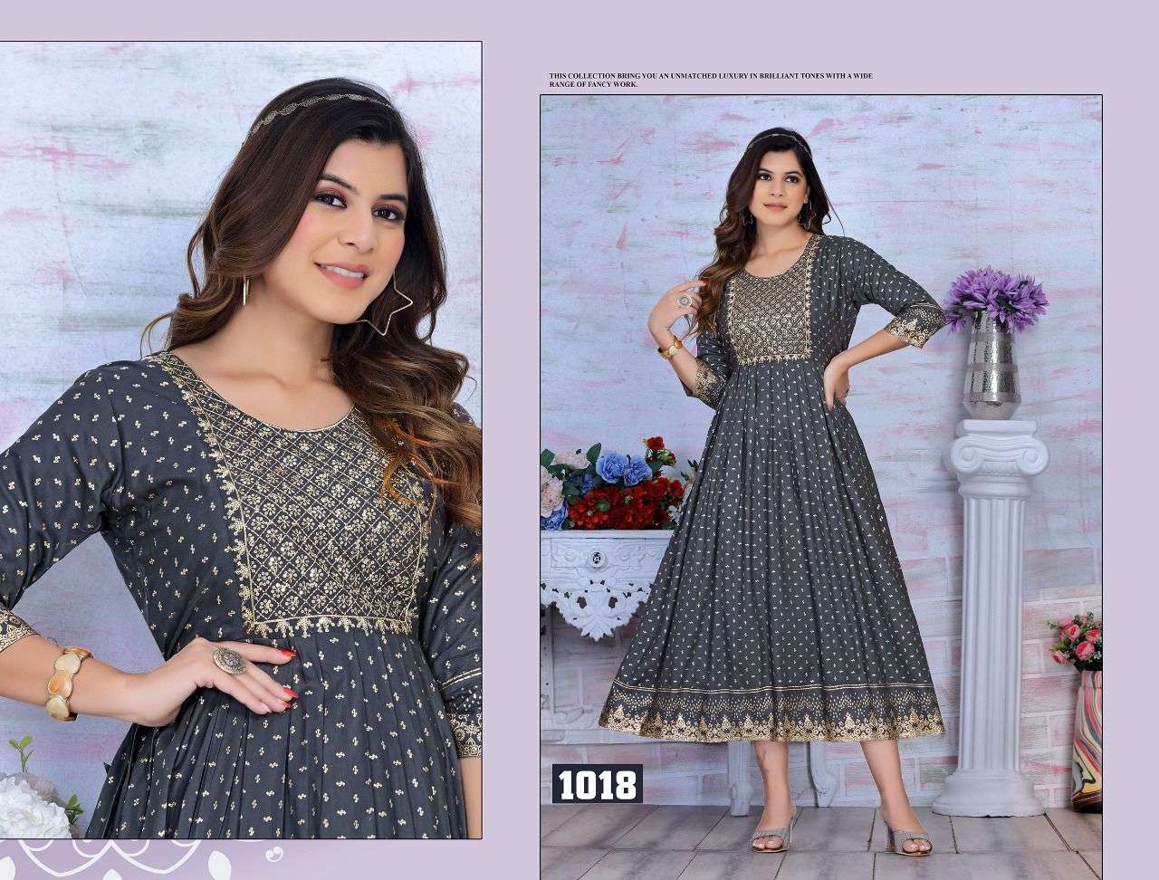 GOLDEN ALYSSA VOL.1 HEAVY RAYON 14 KG FANCY LONG KURTI WITH SEQUENCE WORK WITH HEAVEY GOLD PRINT KURTI CATALOG WHOLESALER BEST RATE