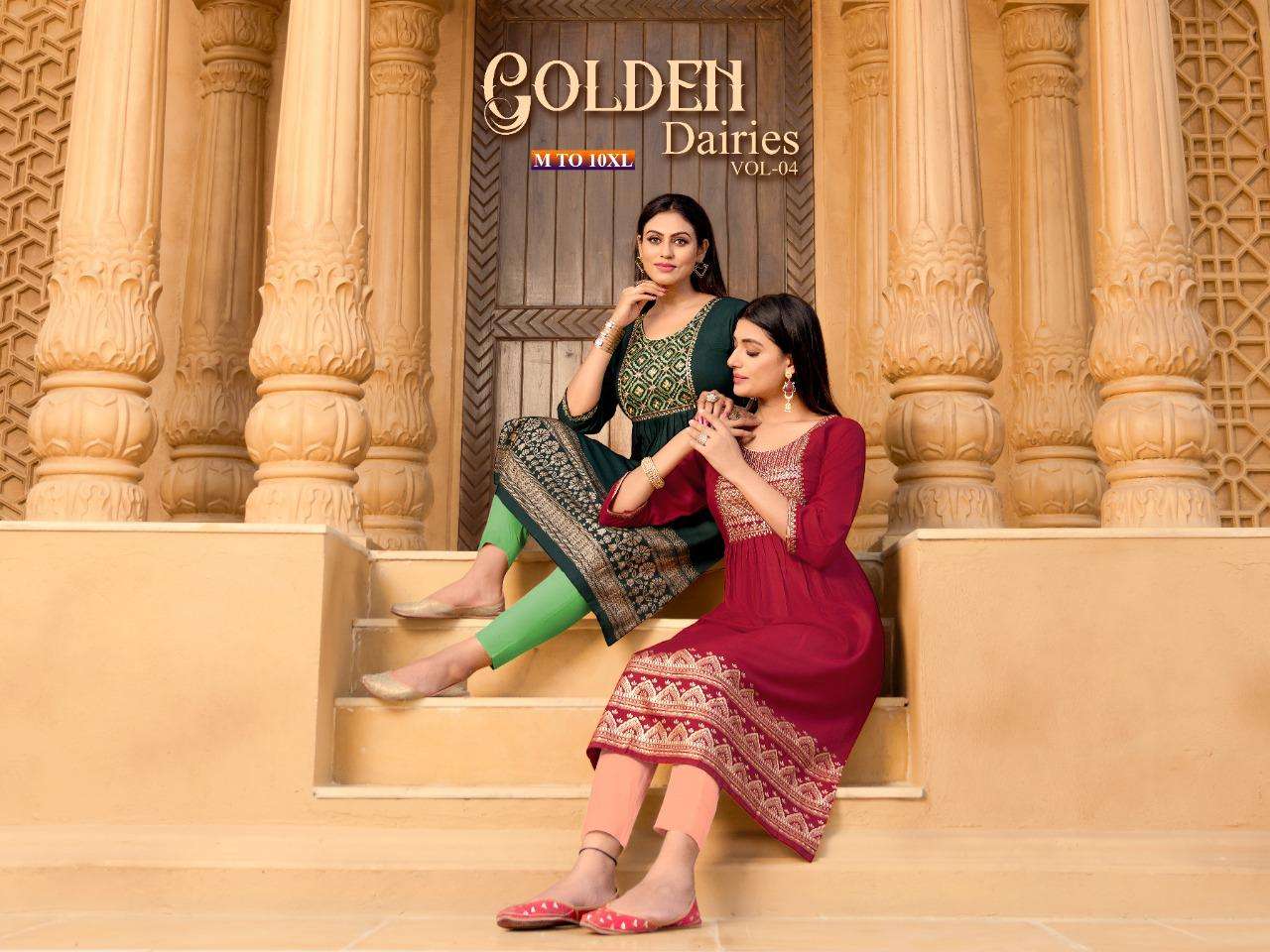 GOLDEN DAIRIES VOL.4 RAYON SULB 14 KG Zari with SEQUENCE SLEEVES WORK KURTI CATALOG WHOLESALER BEST RATE