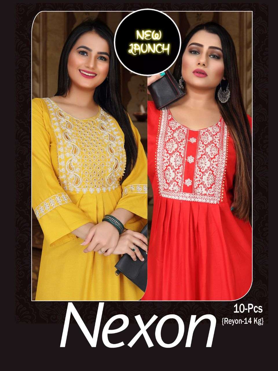 GOLDEN NEXON HEAVY RAYON 14 KG Naira Cut & Embroidery Work KURTI CATALOG WHOLESALER BEST RATE