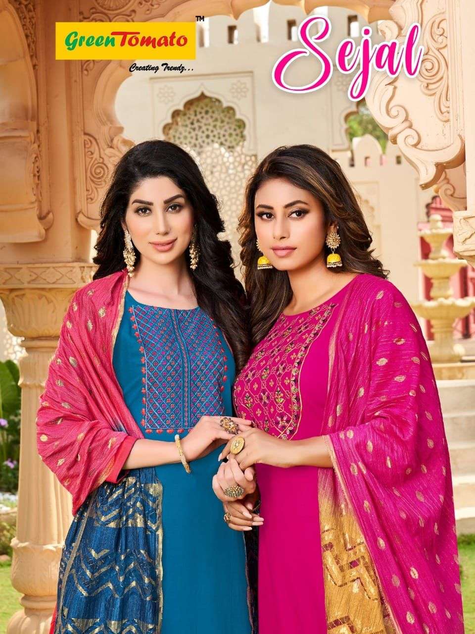 GREEN TOMATO SEJAL PATIYALA Heavy Rayon Top👗 With   Embroidery Work , Heavy Rayon Work Patiyala 👖  &  🧣Fancy Dupatta. READYMADE SUIT CATALOG WHOLESALER BEST RATE