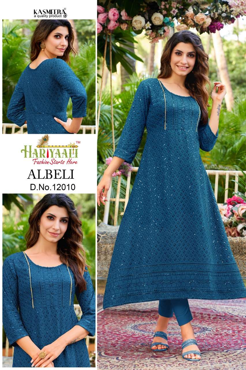 hariyaali albeli rayon shiflli front back work combo set of kurtis 