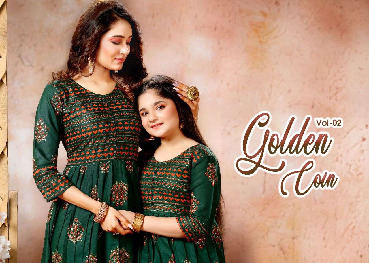 KIDS GOLDEN COIN VOL.2 CHILD HEAVY PURE RAYON 14KG GOLD FOIL PRINT IN TOP KURTI CATALOG WHOLESALER BSET RATE