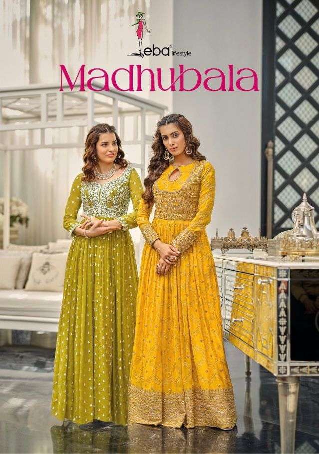 madhubala by eba lifestyle georgette readymade long wedding suits