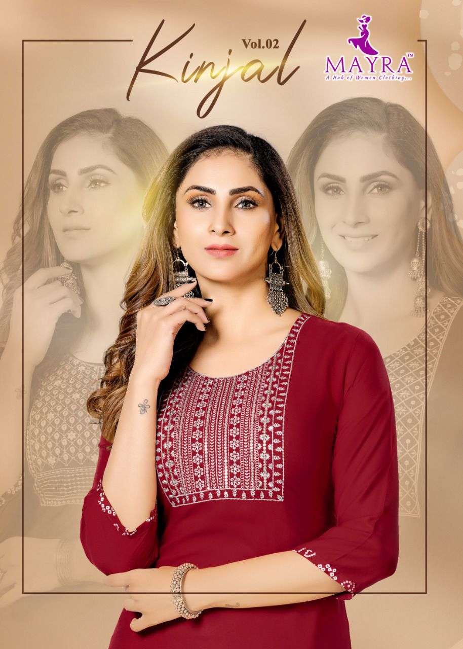 MAYRA KINJAL VOL.2 Reyon plain 14kg  with sequence Embroydrey and stiching pattern KURTI CATLOG WHOLESALER BEST RATE