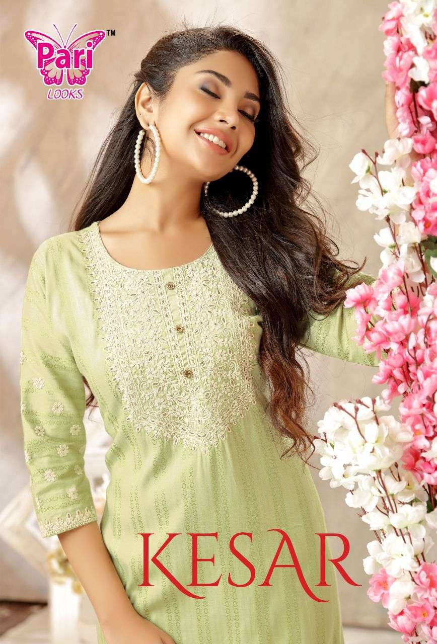 pari kesar rayon kurti with sleeve work pattern 