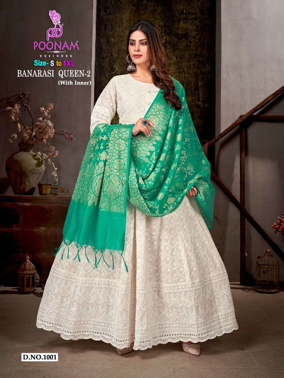 poonam banarasi queen vol 2 chikan work white gown with dupatta exports best shipping rate 