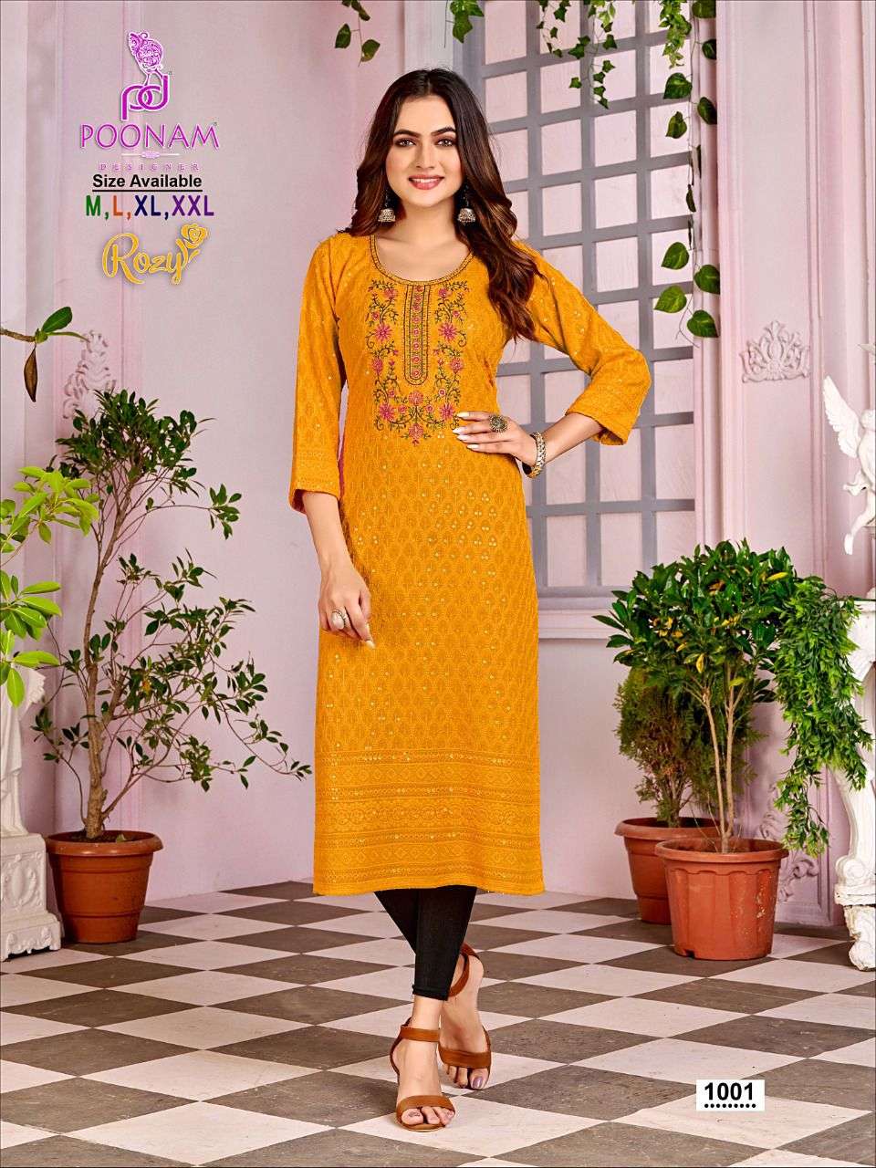 poonam designer rozy rayon chikan work with neck work kurtis exports 