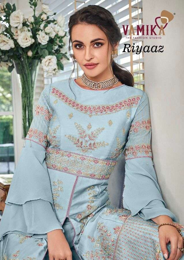 riyaaz by vamika georgette embroidery traditional readymade top with plazzo & dupatta set