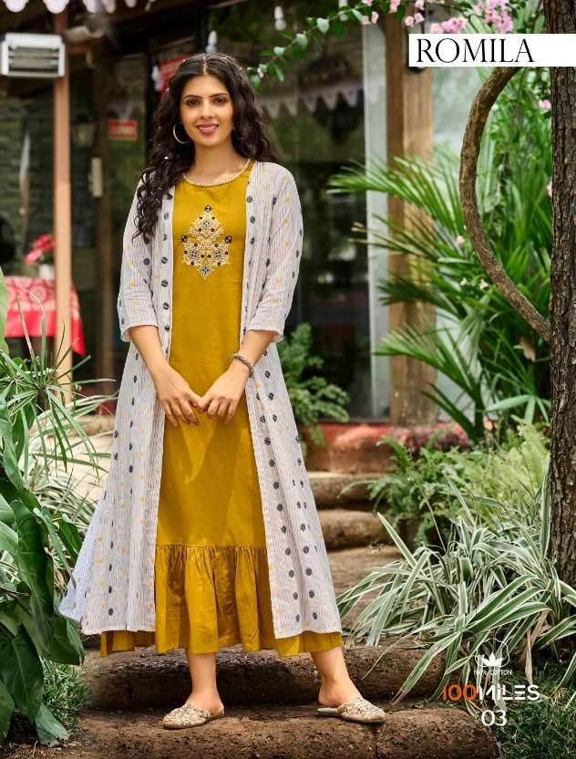 romila by 100 miles cotton designer kurti with jacket collection