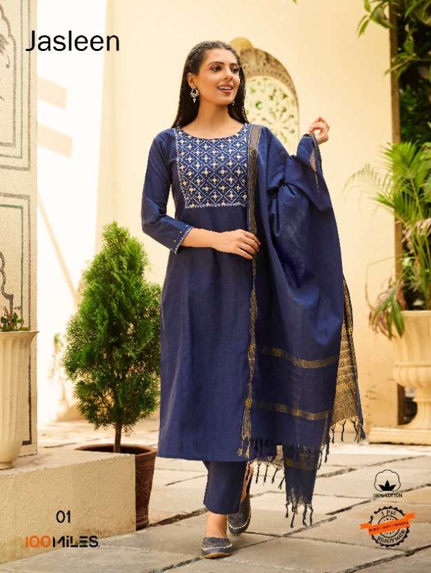 jasleen by 100 miles handloom cotton readymade 3 piece set