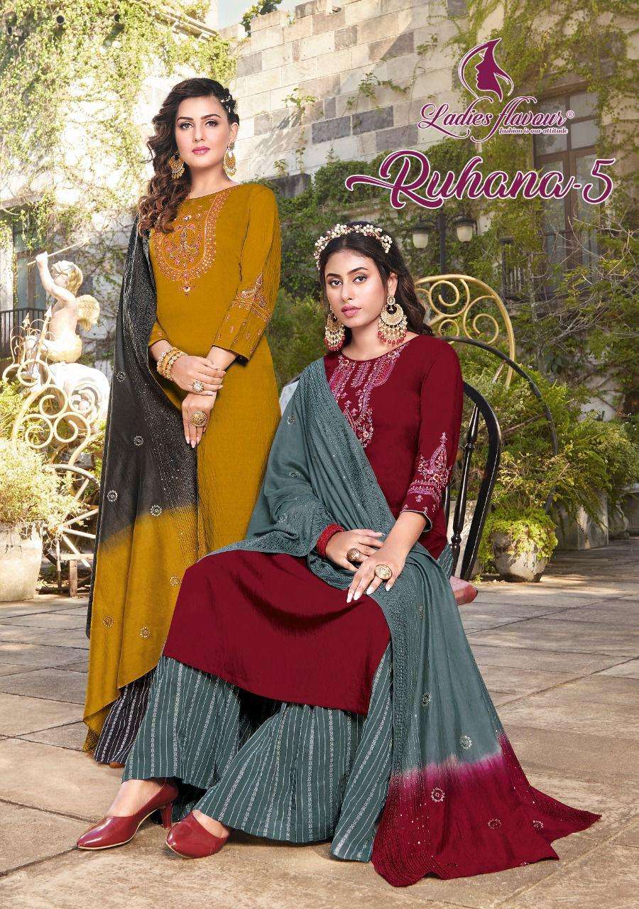 ladies flavour ruhana vol 5 ethnic wear readymade kurti with sharara & dupatta
