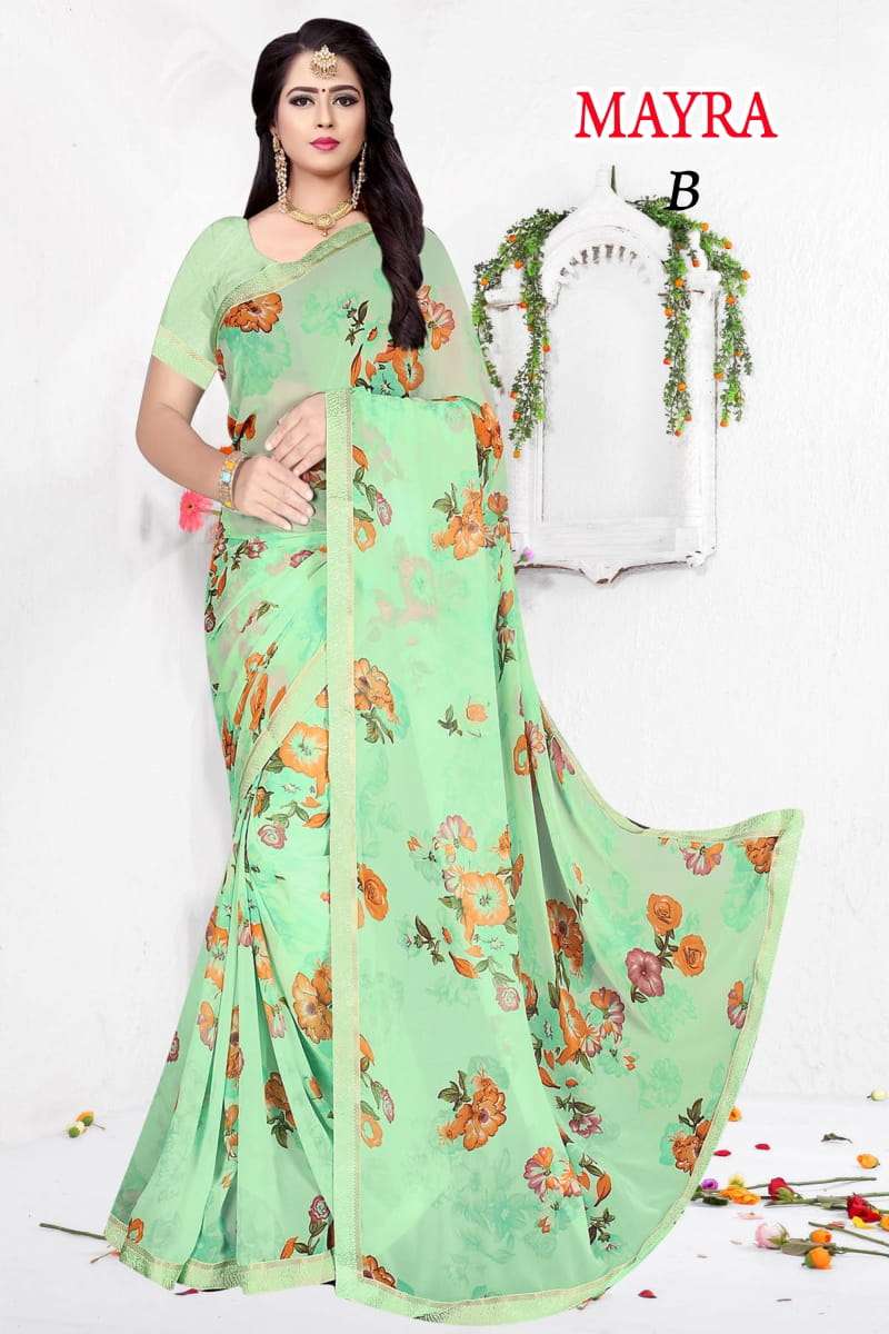 mayra weightless printed border saree catalog best rate 