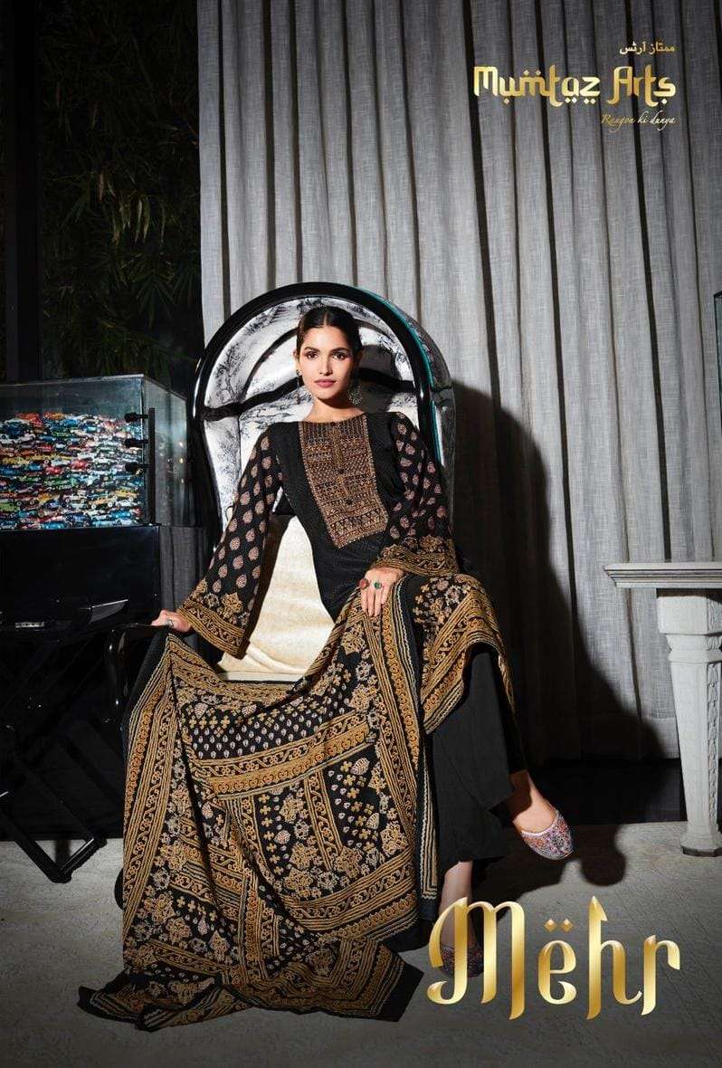 mumtaz arts mehr twill Pashmina Print with DESIGNER NECK EMBROIDERY dress 