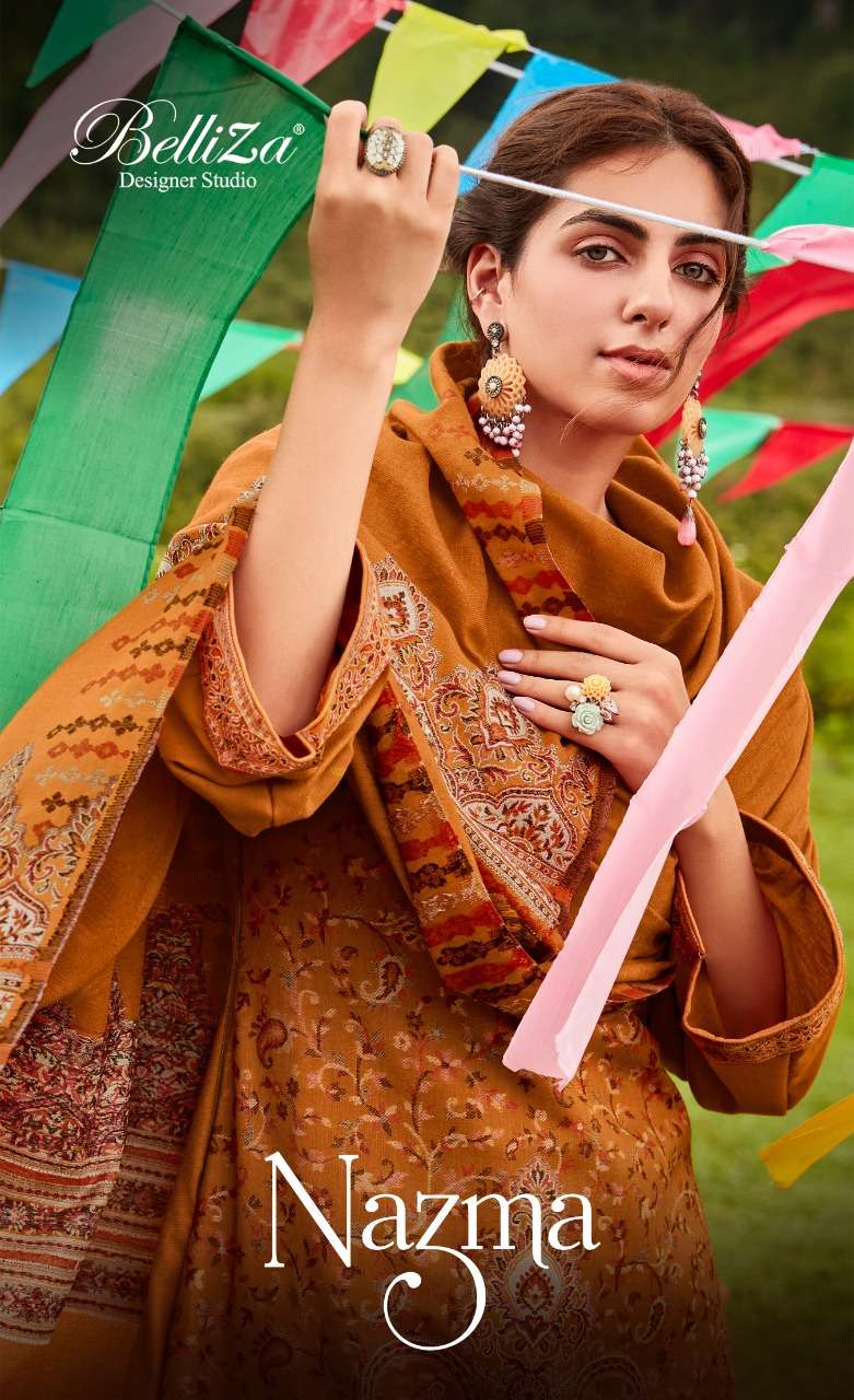 nazma by belliza designer wool pashmina kaani weaving salwar kameez catalog 