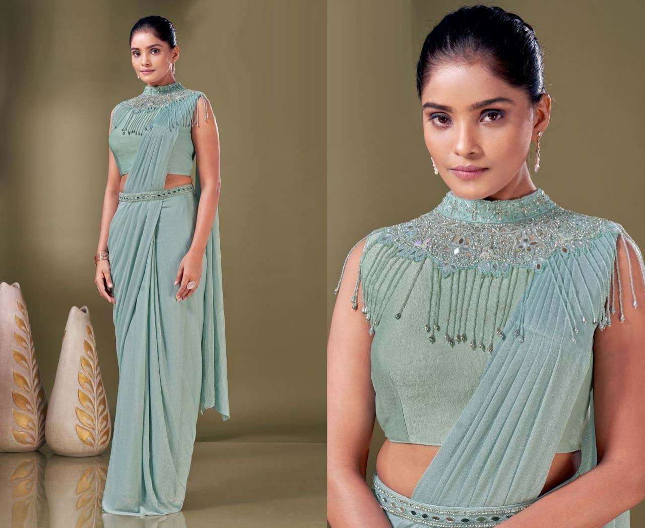 pr 1016114 Fully Stitched saree and Stitched Blouse With Fancy Work Strug & Belt
