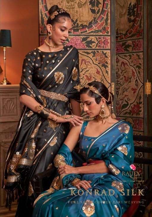 rajtex konrad silk satin copper zari designer saree wholesaler