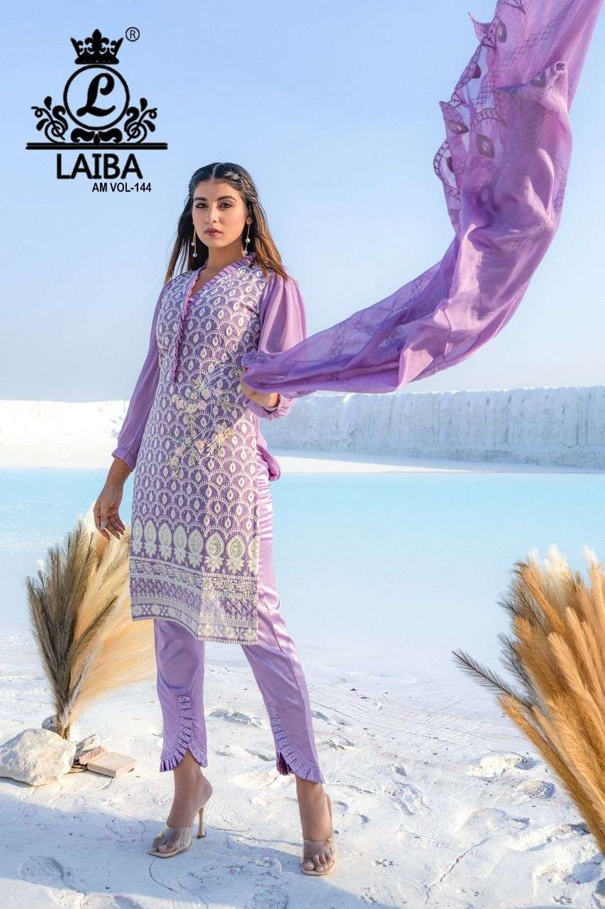 laiba designer am vol 144 georgette pakistani fully stitch 3 piece designs