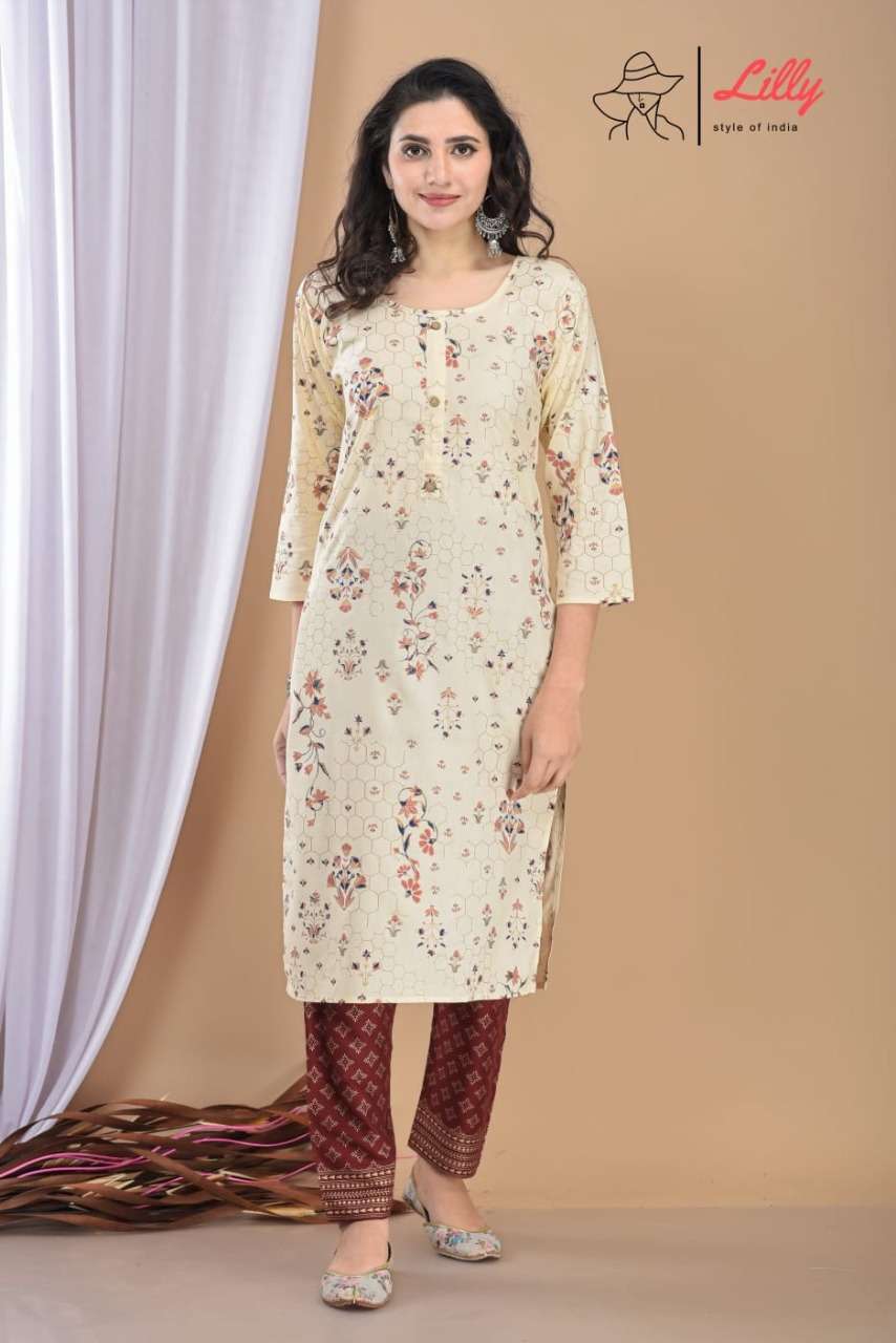 lilly style meena kurti with pant combo set at best rate 