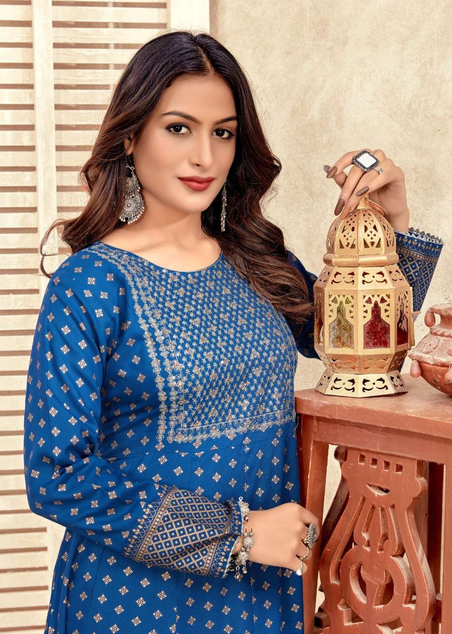 nayanthara vol 17 embroidery with foil print flair gown kurti design 