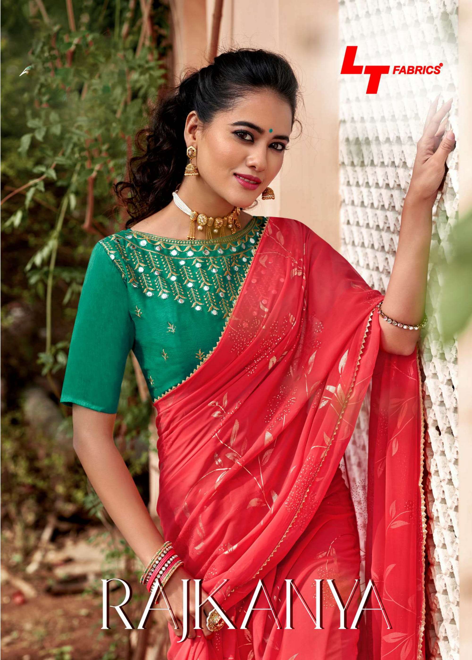 rajkanya by lt fashion weightless printed saree with mirror work blouse