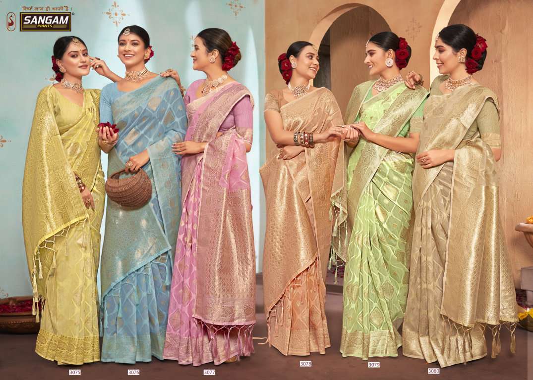 sangam prints pratisha organza rich pallu weaving saris wholesaler