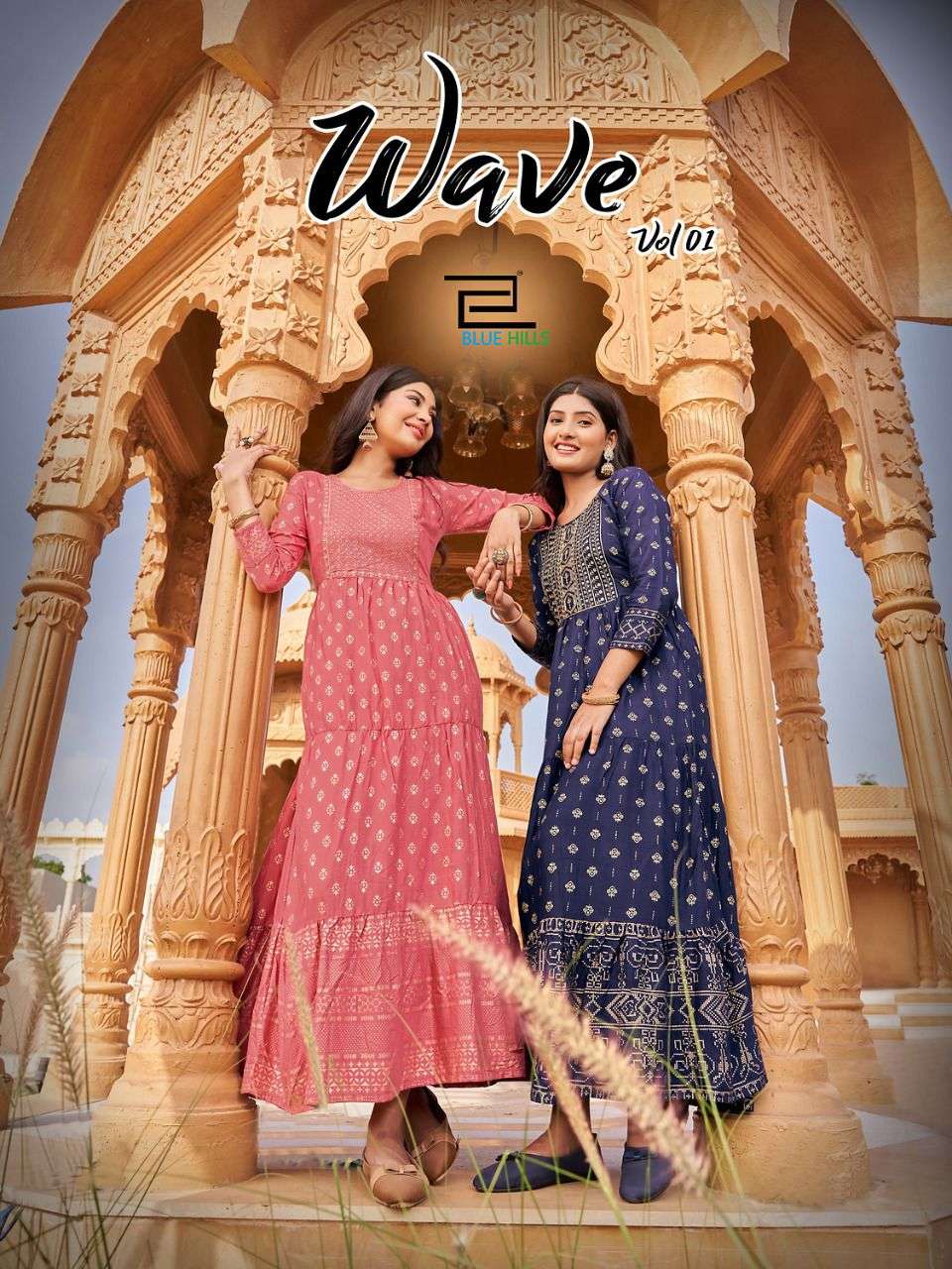 wave vol 1 by blue hills rayon long frill gown big sizes kurti collection