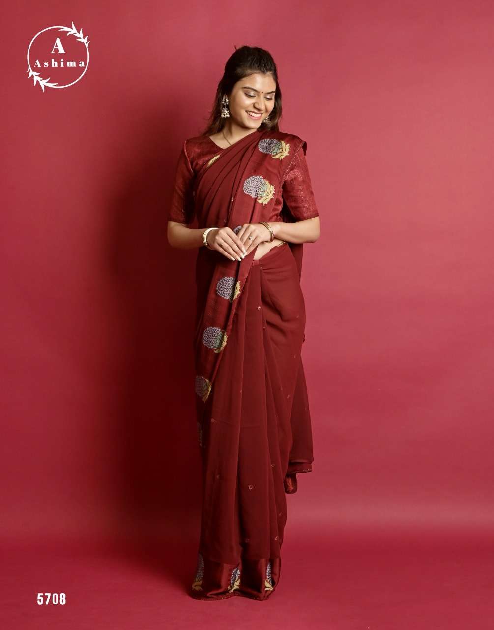 ashima lavish dark 5701-5708 georgette satin border with jari print & stone soft piping sarees