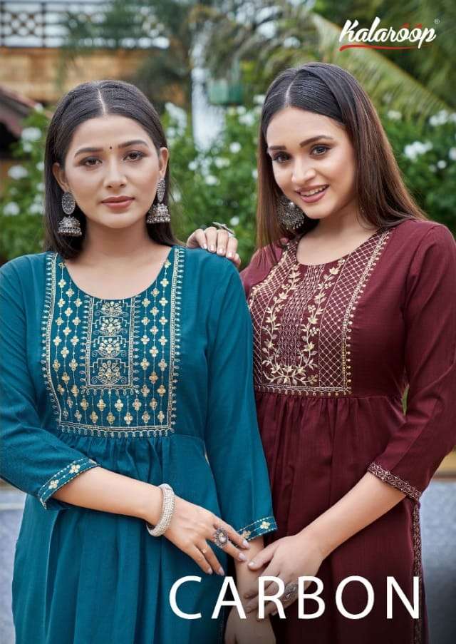 carbon by kalaroop rayon silk nyra cut fancy kurtis