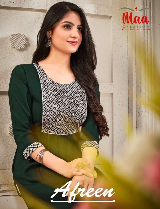 maa creation afreen rayon embroidery simple kurtis design 