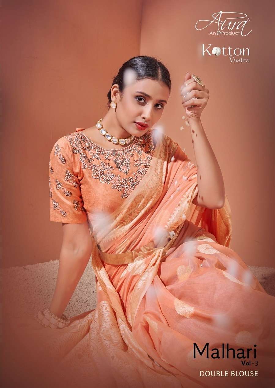 malhari vol 3 by aura cotton designer saree with double blouse