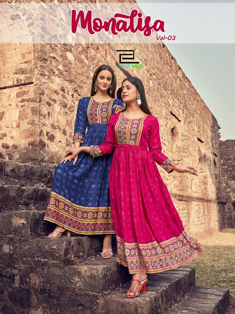 monalisa vol 3 by blue hills rayon printed gown with belt plus size kurtis