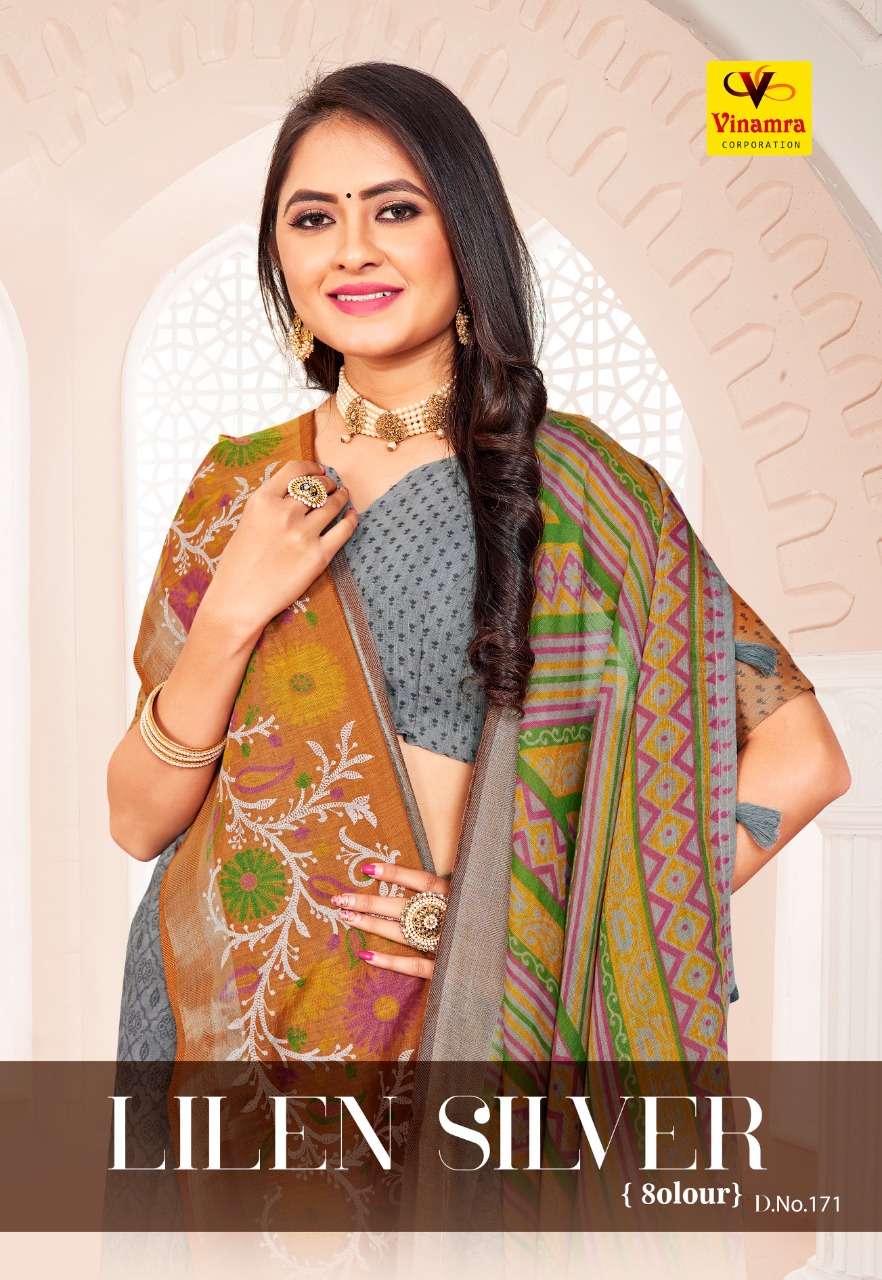 vinamra lilen silver 171 design colors linen print sarees at great price 