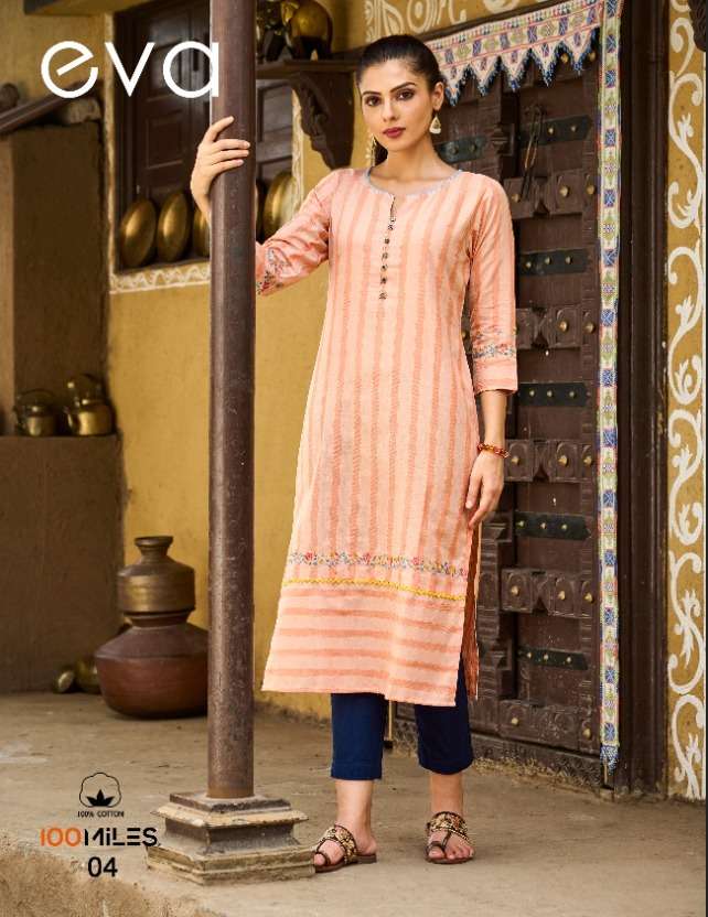 100 miles eva Pure self patterned Cotton embroidered work kurti with lace detailing