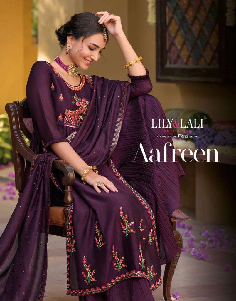 aafreen by lily & lali silk nyra cut readymade kurti with sharara & dupatta set