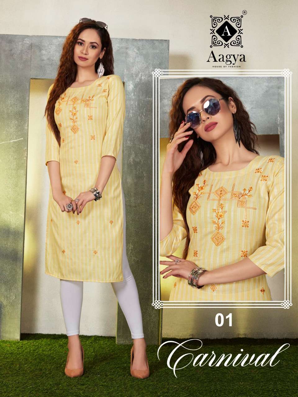 AAGYA CARNIVAL V.2 HEAVY WEAVING RAYON MUMBAI FABRIC KURTI CATALOG WHOLESALER BEST RATE