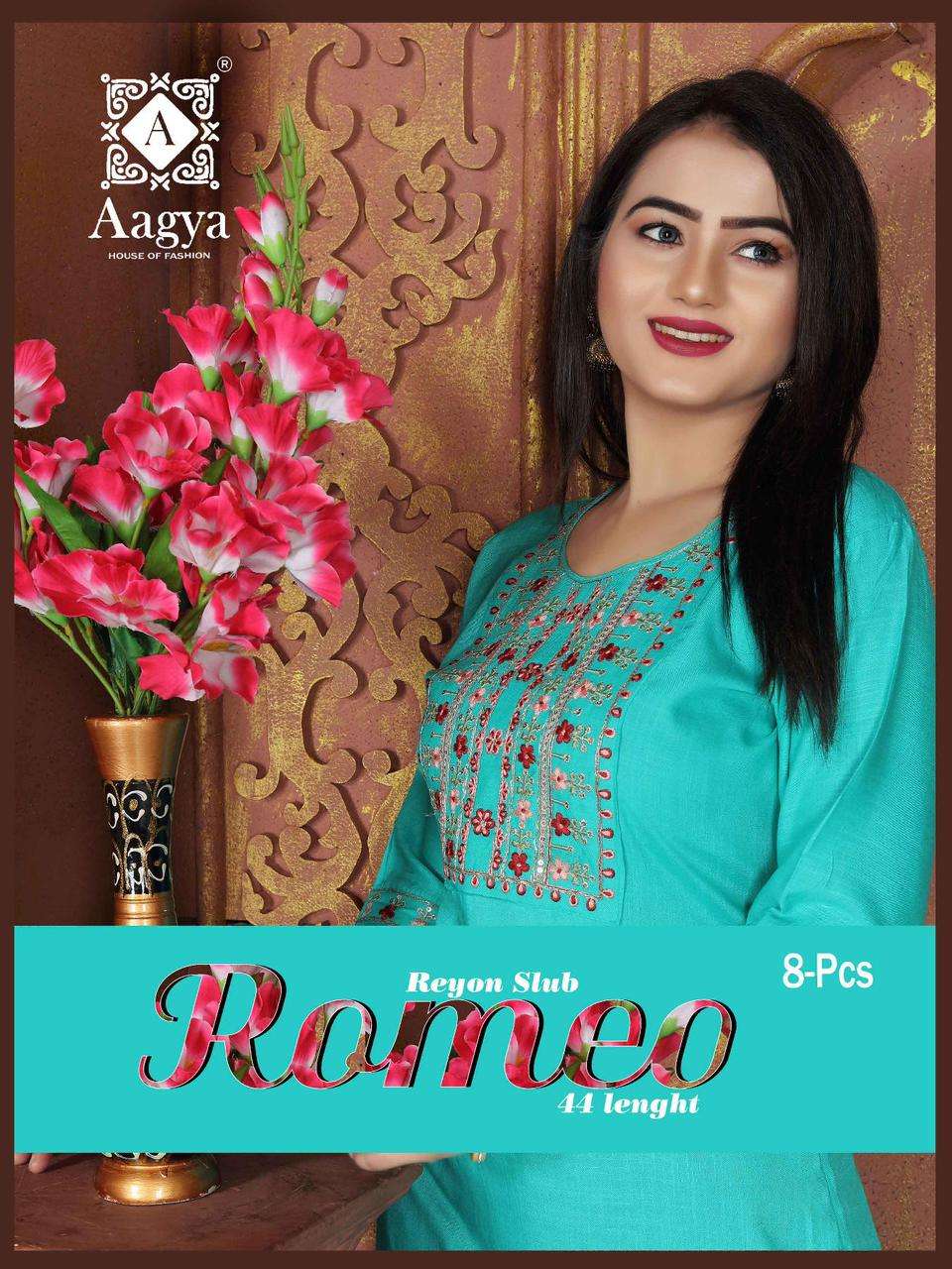 AAGYA ROMEO HEAVY RAYON SLUB WITH  HEAVY SEQUENCES CODING KURTI CATALOG WHOLESALER BEST RATE