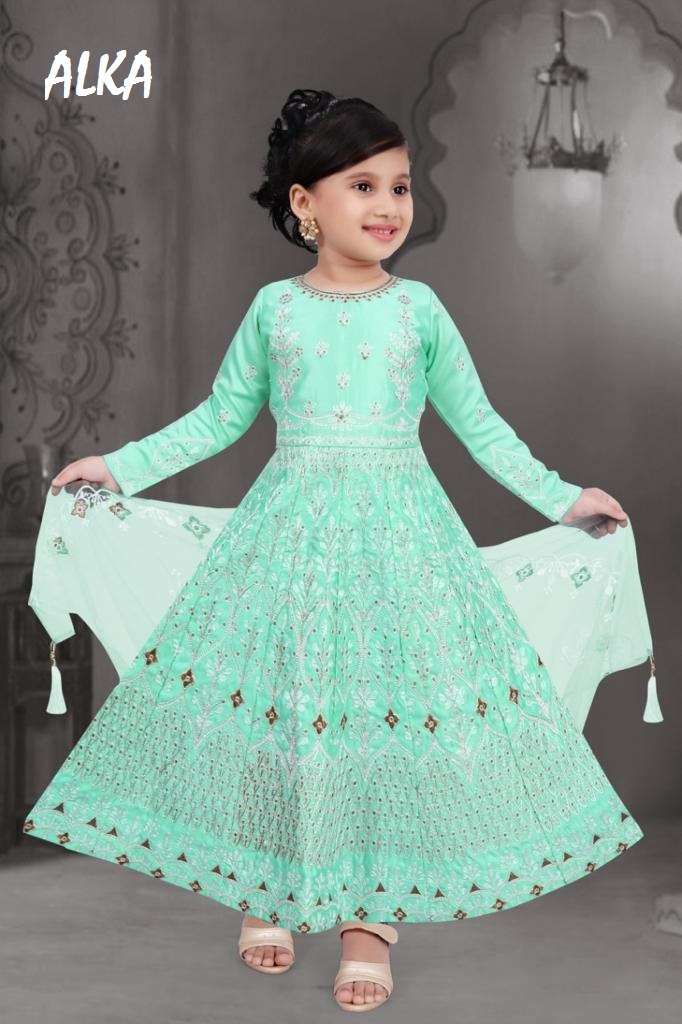 alka tanika silk kids gown collection readymade at best rate kc surat 